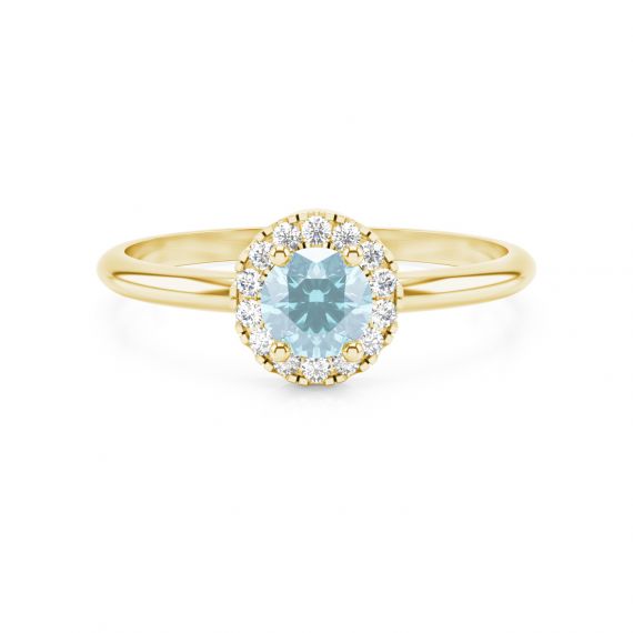 Solitaire entouré Grace en Or Jaune 18 cts Aigue Marine et Diamant 1