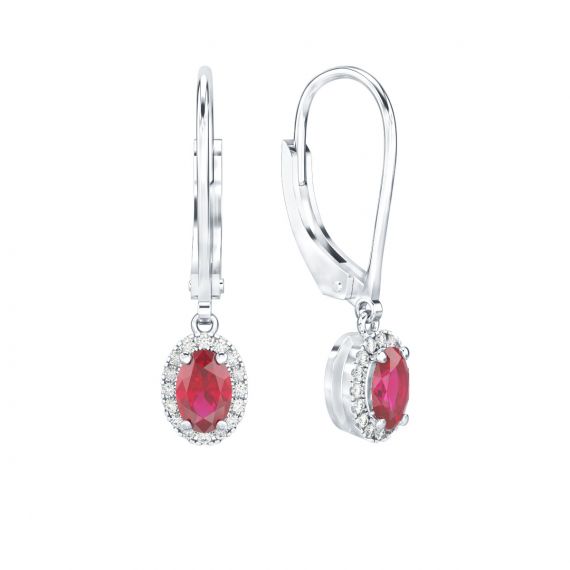 Boucles d'oreilles Halo Grace Ovale Ovale en Or Blanc 18 cts Rubis et Diamant 1