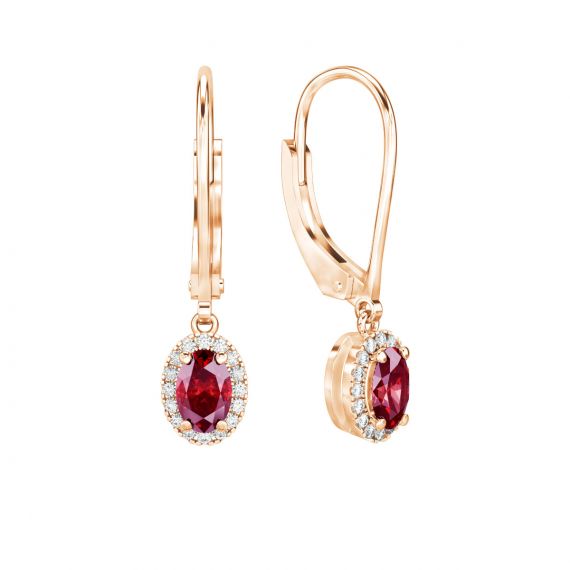 Boucles d'oreilles Halo Grace Ovale Ovale en Or Rose 18 cts Grenat et Diamant 1