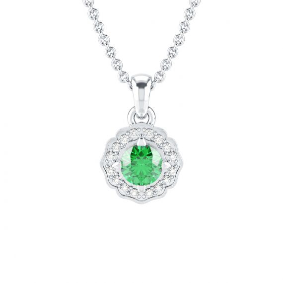 Pendentif Fleur Belle en Or Blanc 18 cts Emeraude et Diamant 1
