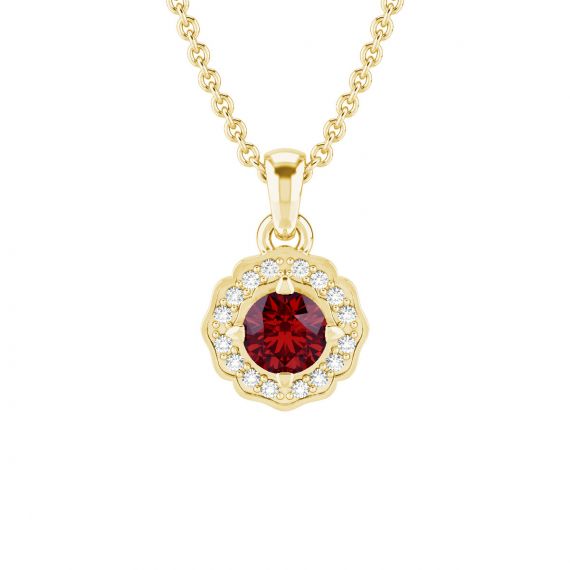 Pendentif Fleur Belle en Or Jaune 18 cts Grenat et Diamant 1