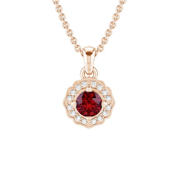 Pendentif Fleur Belle en Or Rose 18 cts Grenat et Diamant 1