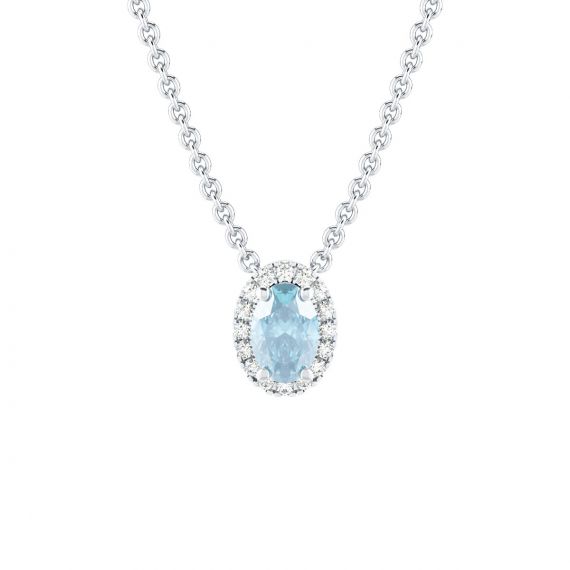 Collier Halo Grace Ovale en Or Blanc 18 cts Aigue Marine et Diamant 1