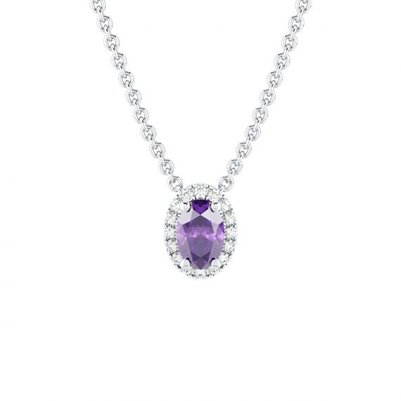 Collier Halo Grace Ovale en Or Blanc 18 cts Améthyste et Diamant 1