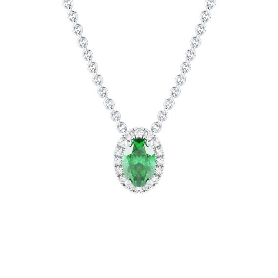 Collier Halo Grace Ovale en Or Blanc 18 cts Emeraude et Diamant 1