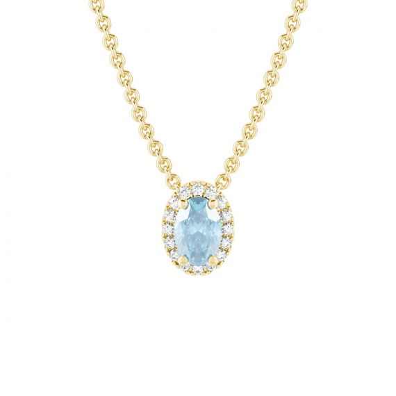 Collier Halo Grace Ovale en Or Jaune 18 cts Aigue Marine et Diamant 1