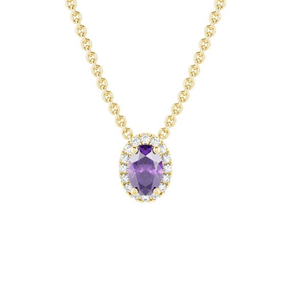 Collier Halo Grace Ovale en Or Jaune 18 cts Améthyste et Diamant 1
