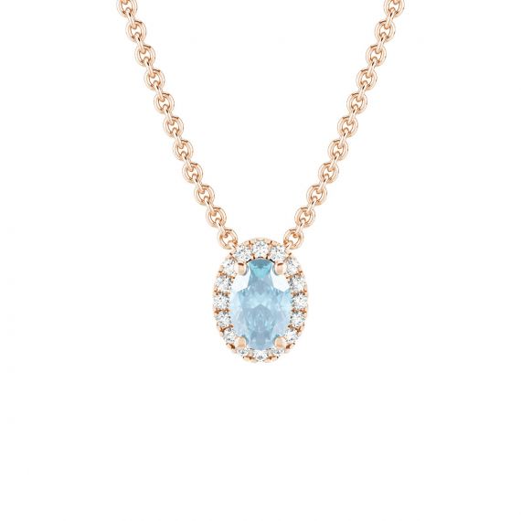 Collier Halo Grace Ovale en Or Rose 18 cts Aigue Marine et Diamant 1