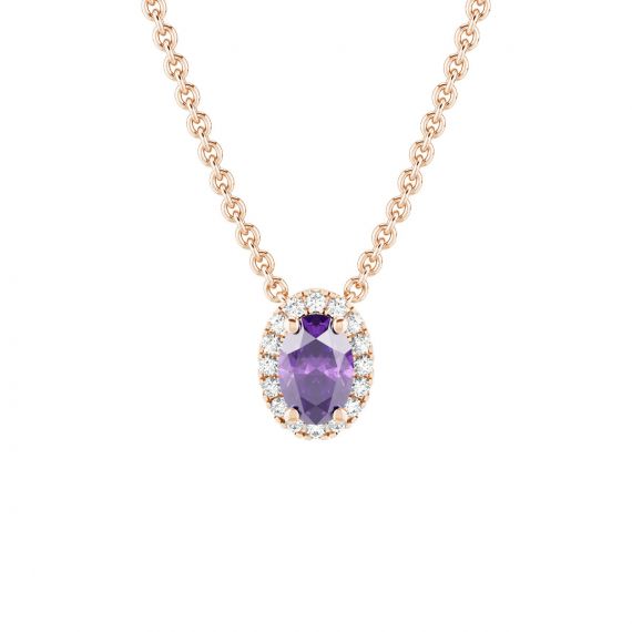 Collier Halo Grace Ovale en Or Rose 18 cts Améthyste et Diamant 1