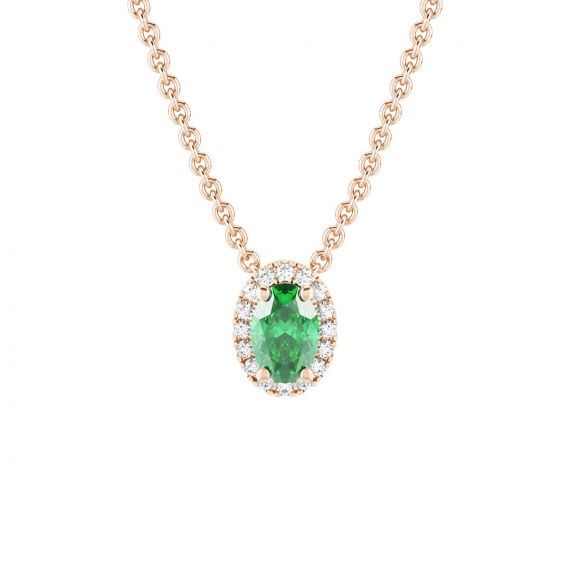 Collier Halo Grace Ovale en Or Rose 18 cts Emeraude et Diamant 1