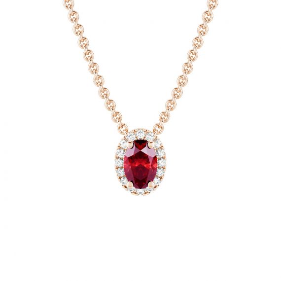 Collier Halo Grace Ovale en Or Rose 18 cts Grenat et Diamant 1