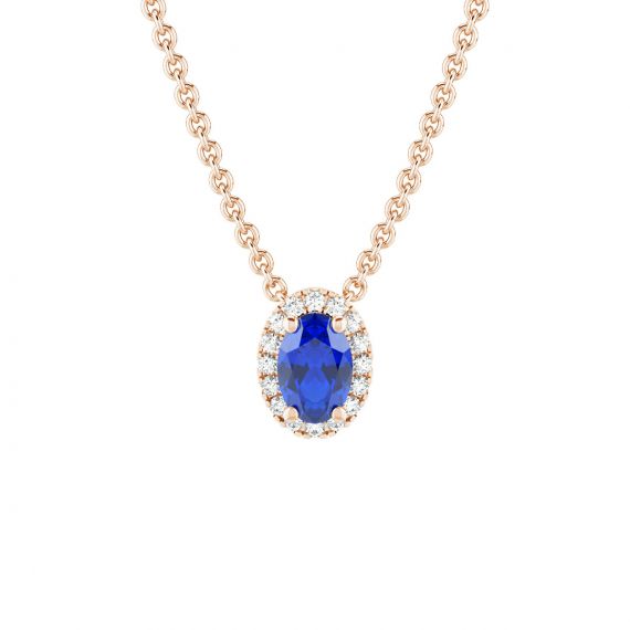 Collier Halo Grace Ovale en Or Rose 18 cts Saphir et Diamant 1